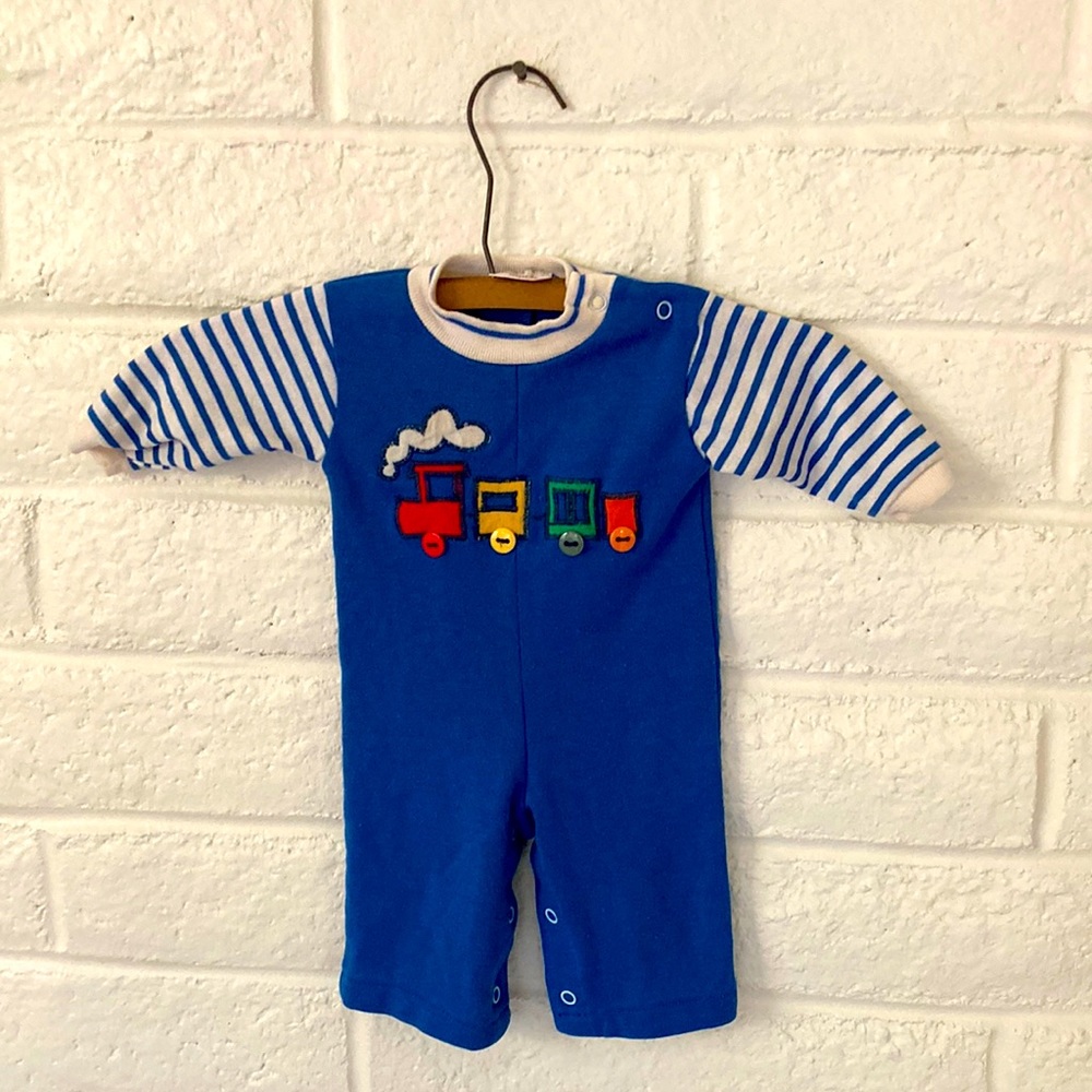 Vintage Infant Health-Tex Baby Train Striped Blue Onesie